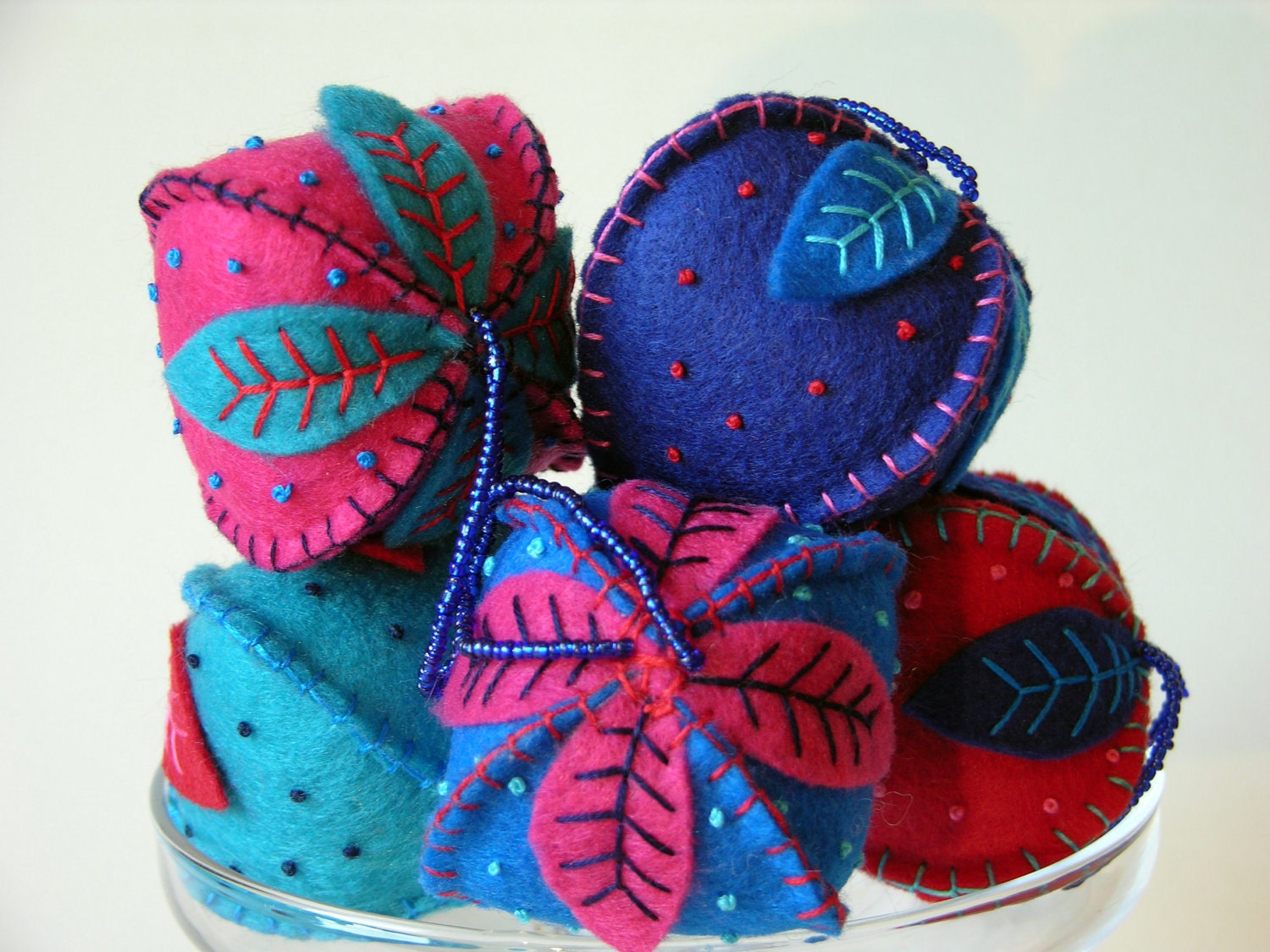 Eco-Friendly Felt Hanging Ornaments - Set of 5 - CORAL REEF in Red, Turquoise and Pink - Made From Recycled And Second-Hand Materials