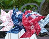Pinwheel Cupcake Flags - 12 Fabric Nautical- Red , White , Blue - Cake Topper , use for Birthday, Celebration or a party