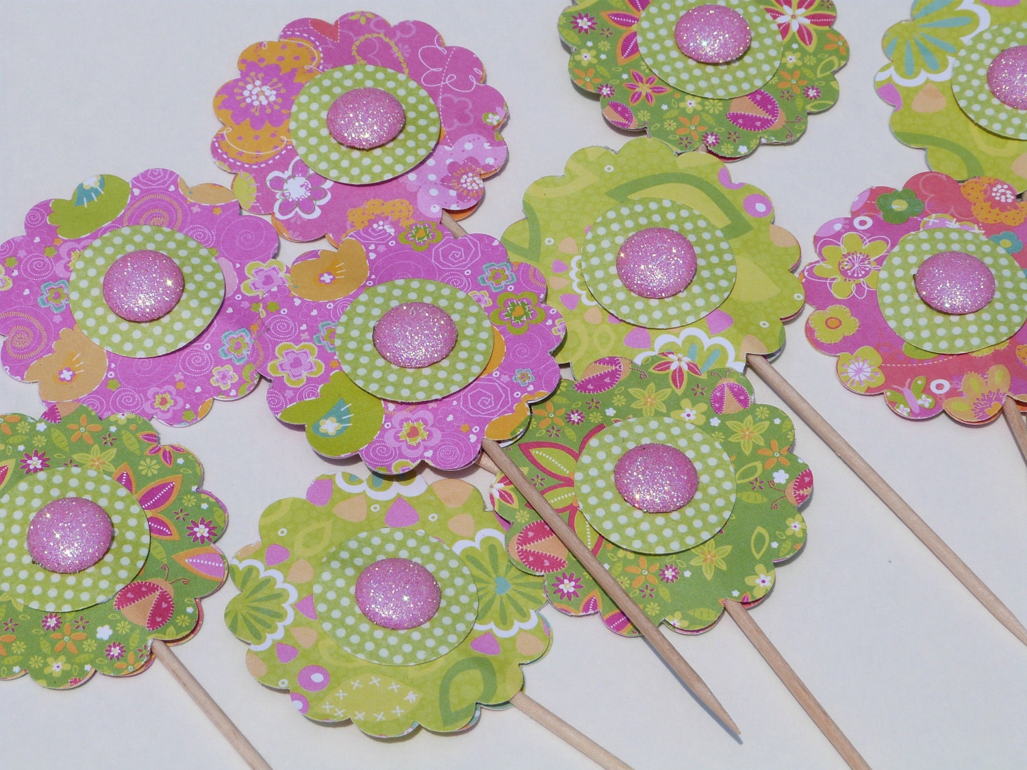 Summer Flower Cupcake Toppers - 12 Paper Button Flowers - Cake or Cupcake Toppers, use for Birthday, Shower, Celebration or a party