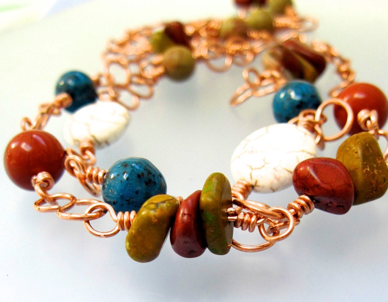 Earthy Eclectic Necklace Gemstones Glass Handmade Beaded Copper Chain