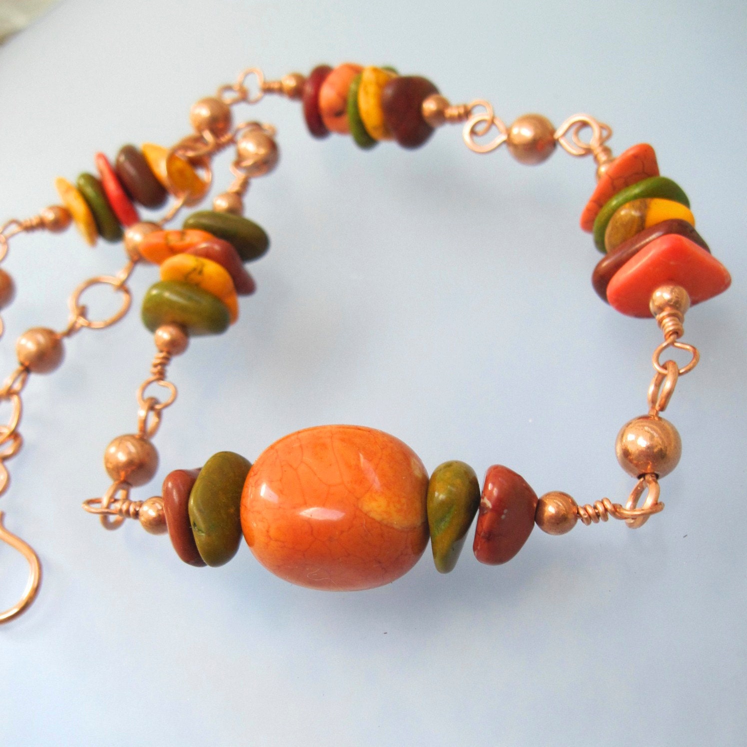 Citrus Colors Necklace Orange Nectarine Tangerine Olive Gemstones, Beaded Copper Chain