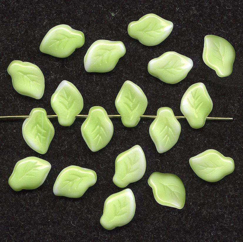 Vintage Leaf Beads 12mm Green & White Top Hole Leaves