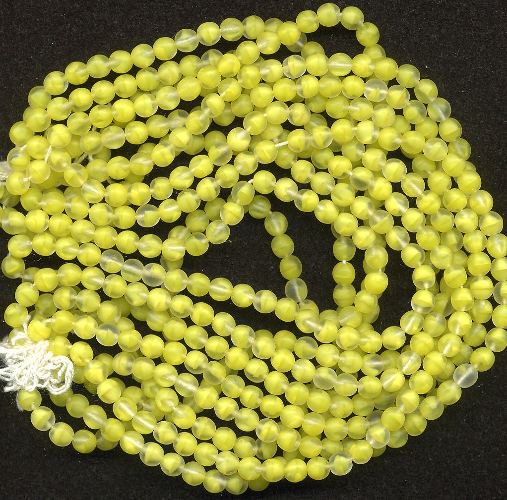 Vintage Yellow Beads 6mm Lemon Givre Matte Finish Glass - W.G.