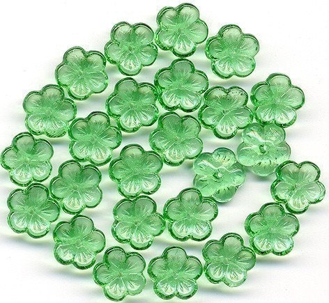 Vintage Green Flower Beads 9mm Translucent Glass - W Germany