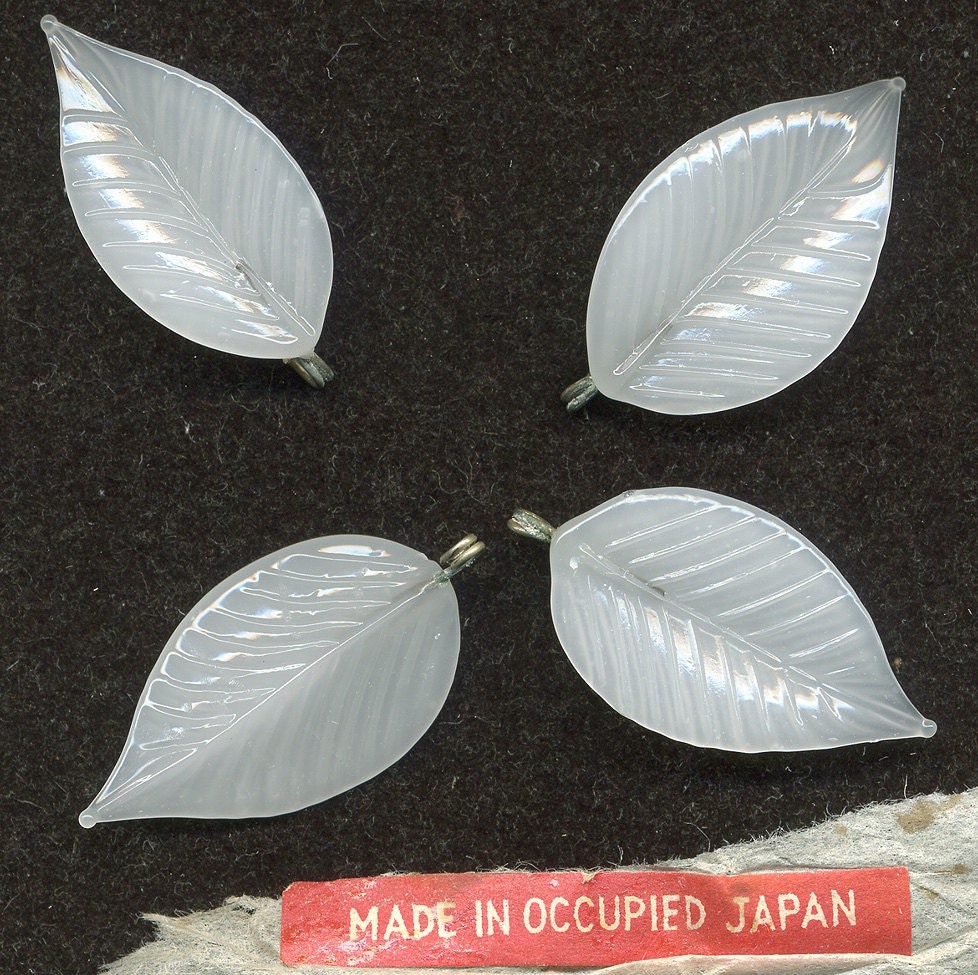 Vintage Leaf Beads - 32mm w/ Wire Loops - Alabaster Glass - Occupied Japan