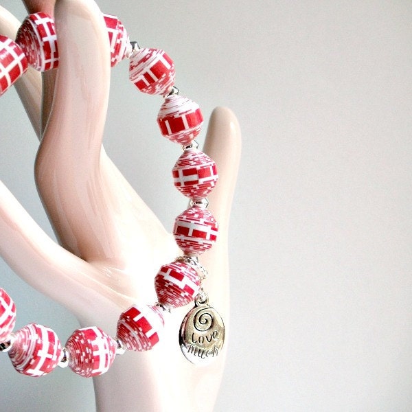 Bright Red and White, Paper Bead Stretch Bracelet - custom sizing, shipping included