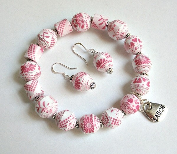 REDUCED Pink Flowers PAPER BEAD Bracelet and Dangle Earrings Set - custom sizing, shipping included