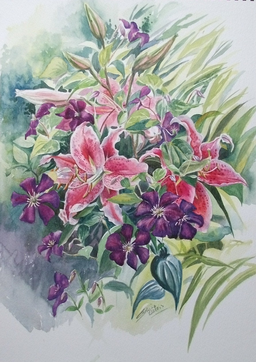 Lilies & Clematis - Original Watercolour Painting