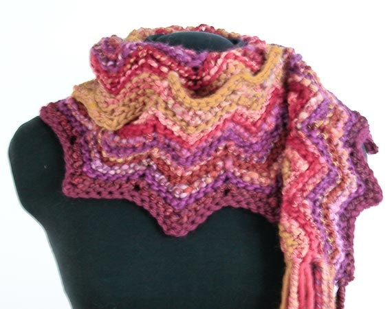 Hand Knit Sangria Chevron Scarf - Handspun Yarn, OOAK - Item 1135 - KnotChaCha