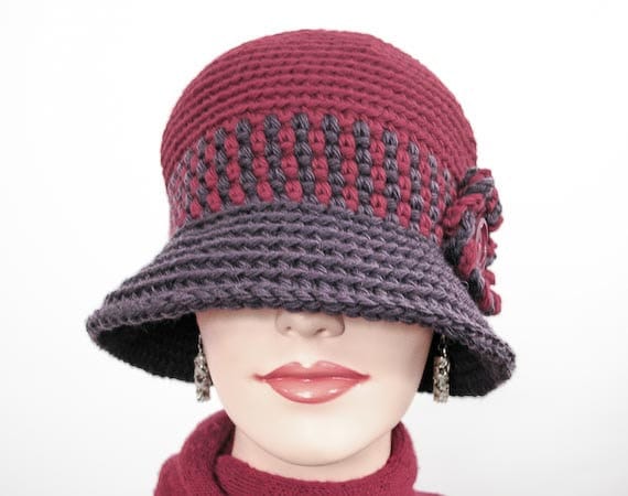 Mrs. Chaplin's Hat: Large Size Winter Cloche - Crochet in Chianti and Eggplant Wool - Item 1154
