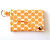 Tri-fold Credit Card / Business Card Holder/ Keyfob  made w/ Designer fabric Full Moon Polka Dot in Tangerine