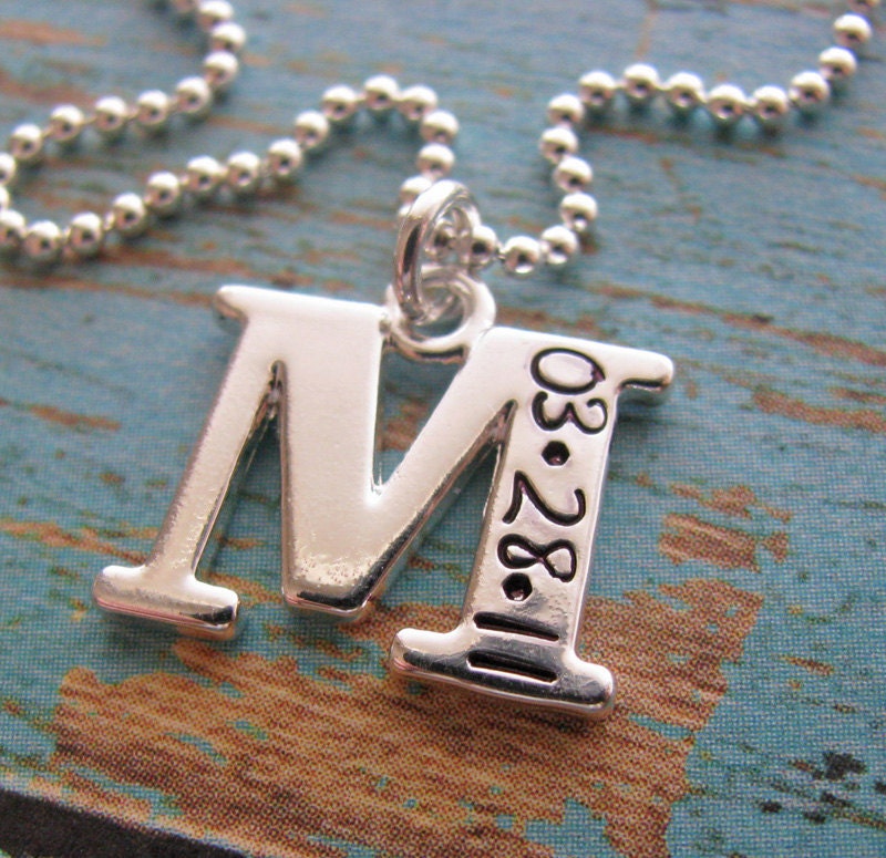 hand stamped single initial with date necklace