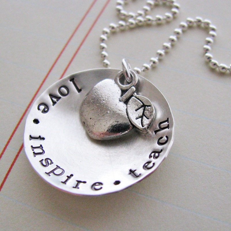 love inspire teach hand stamped silver necklace