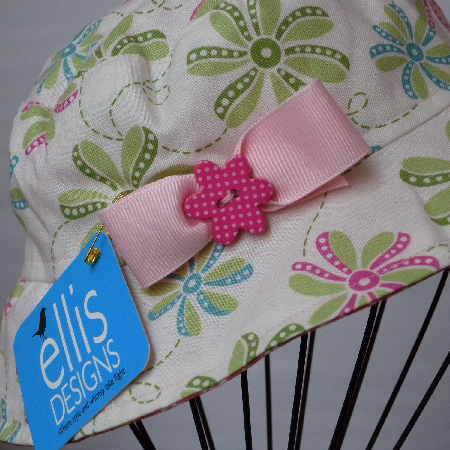 Girls Sun Hat with Pink Blue and Green Flowers Size 18 Months Reversible Cotton