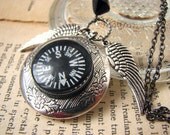 Steampunk Flying Compass Silver Locket Necklace