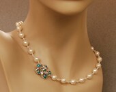 Vintage Rhinestone and Swarovski Pearl Necklace in Sterling Silver - Bridal Necklace, Wedding Jewelry  -The BYGONE ROMANCE COLLECTION