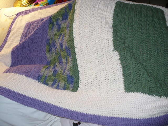 Baby Blanket or Adult Lap Blanket Green and Ivory with Purple Border- SALE ITEM