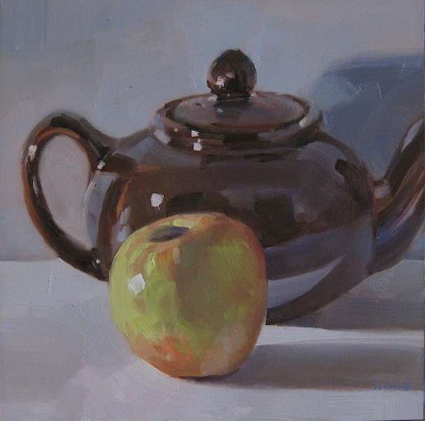 original oil painting "Teapot and Fuji Apple" - FRAMED 6x6in