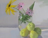 Fine art still life oil painting "Pink Flowers and Green Plums" original framed art by Sarah Sedwick 8x8in