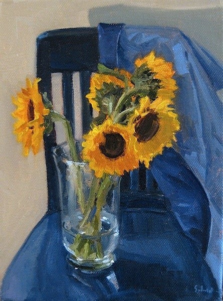 Framed art ready to ship "Sunflowers on a Blue Chair " original oil painting by Sarah Sedwick 6x8in