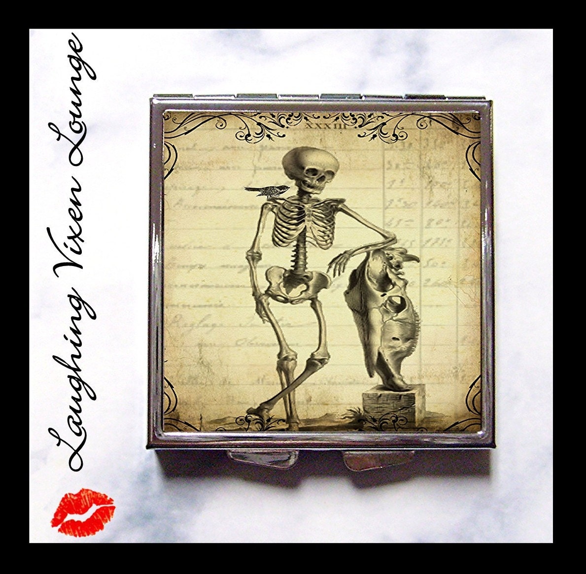 Skeleton Compact Mirror - Pill Box - Skeleton And Bird Compact A - Horror Skull Compact Case - Gothic Mirror Case - Dead Death Halloween