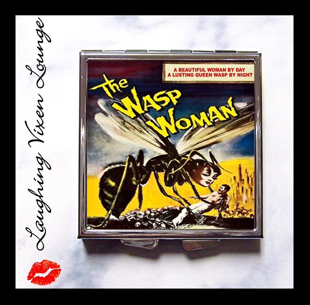 Compact Mirror - Pill Box - Wasp Woman Compact - Classic Horror Movie Monster - Retro B Movie Pulp Women Pill Case