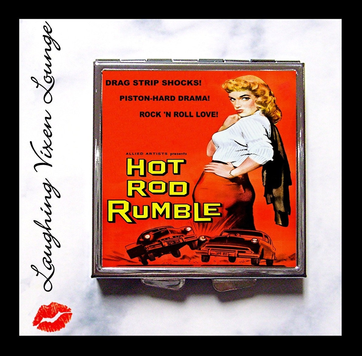 Compact Mirror - Hot Rod Rumble Compact - Pill Box - Retro Pin Up Pinup - Pulp B Movie - Vintage Women Vixen - Retro Women - Pill Case
