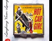 Compact Mirror - Hot Car Girl Compact - Hot Rod Pill Box - Retro Pin Up Pinup - Pulp B Movie - Vintage Women Vixen - Retro Women - Pill Case