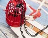 Necklace - Red Birdcage with Black Raven Handmade by Roscata