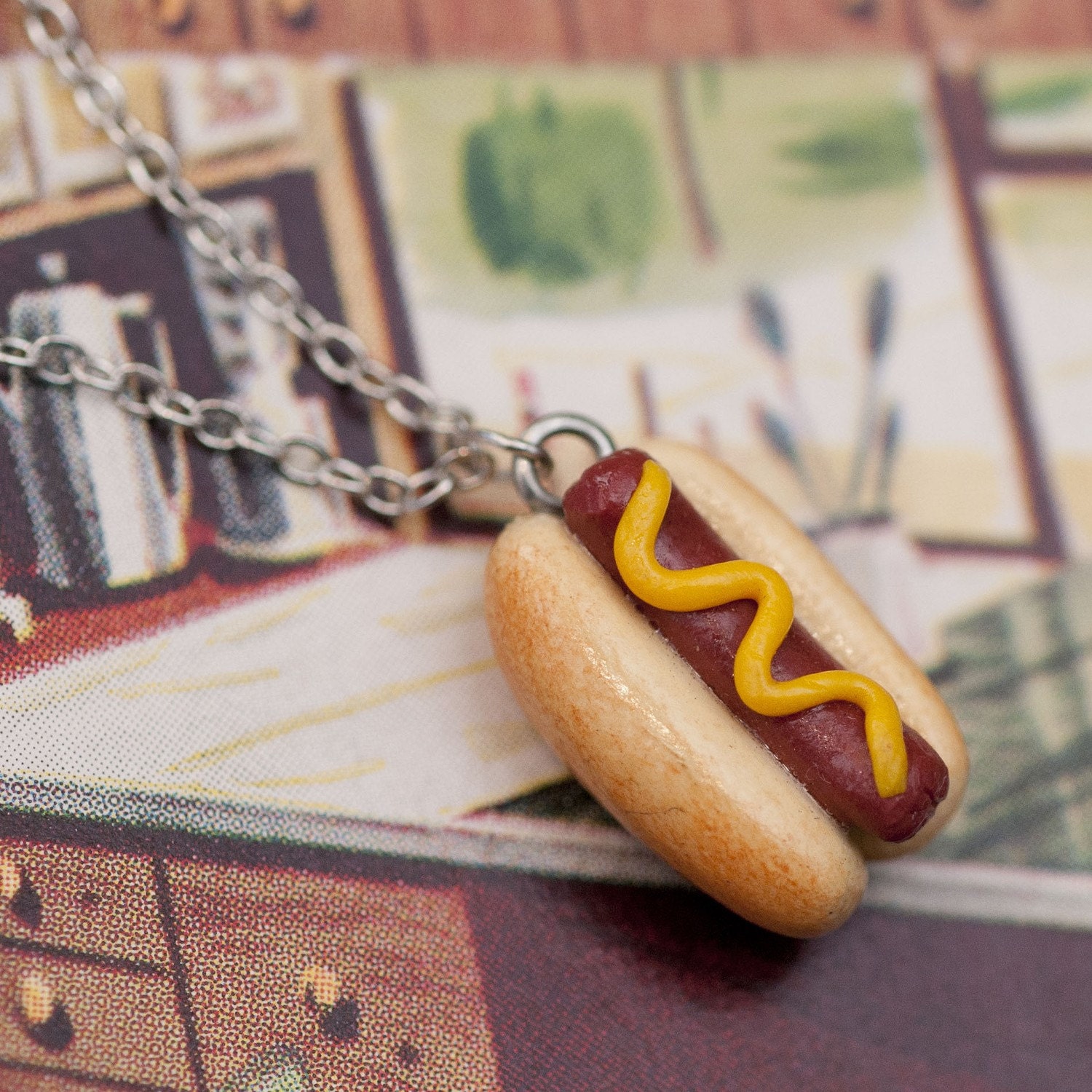 Necklace - Coney Island Hot Dog Weiner with Mustard Handmade by Roscata