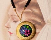 CLEARANCE SALE Locket Necklace - Night Blooming Flowers with Crystals Handmade by Roscata