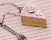 Necklace - Pink Yellow Cake with Tiny Fork Charm Handmade by Roscata