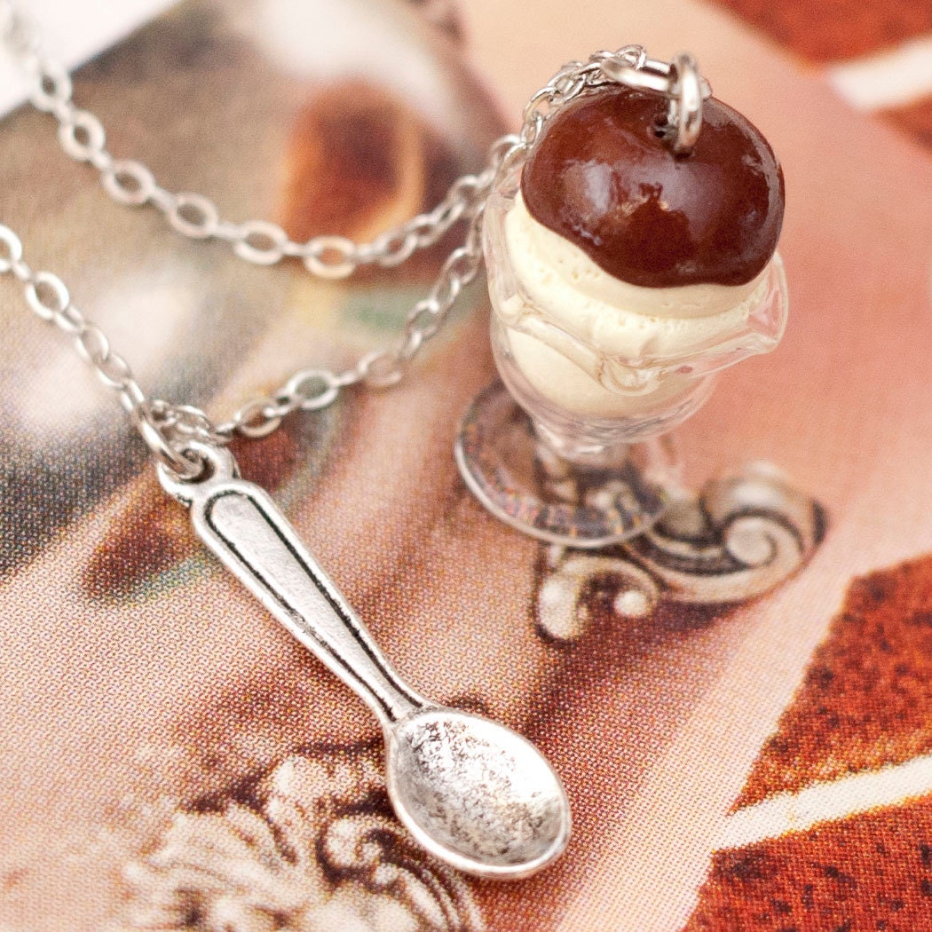 CLEARANCE SALE Necklace - Tiny Chocolate Fudge Vanilla Ice Cream Sundae with Tiny Spoon Charm Handmade by Roscata
