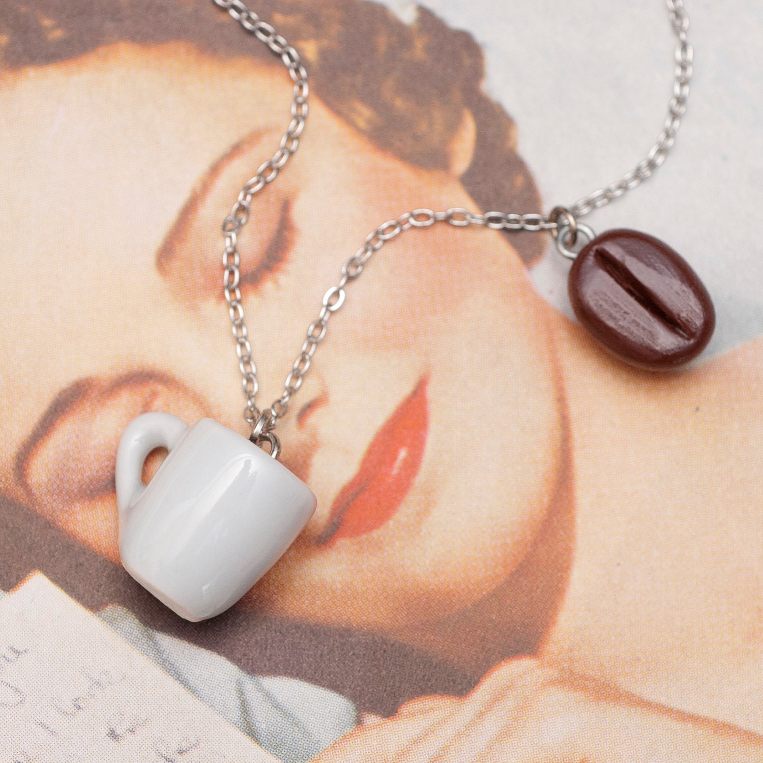 Necklace - White Coffee Cup with Offset Coffee Bean Handmade by Roscata