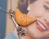 Necklace - French Croissant with Eiffel Tower Charm Handmade by Roscata