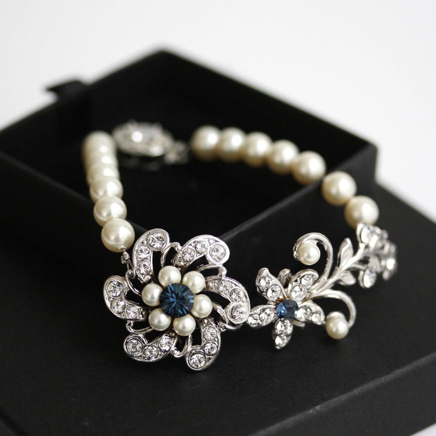 Pearl Wedding Bracelet Swarovski Crystal Flower Bracelet Something Blue Vintage Wedding Jewelry, Swarovski Crystal Pearl Sabine Fine