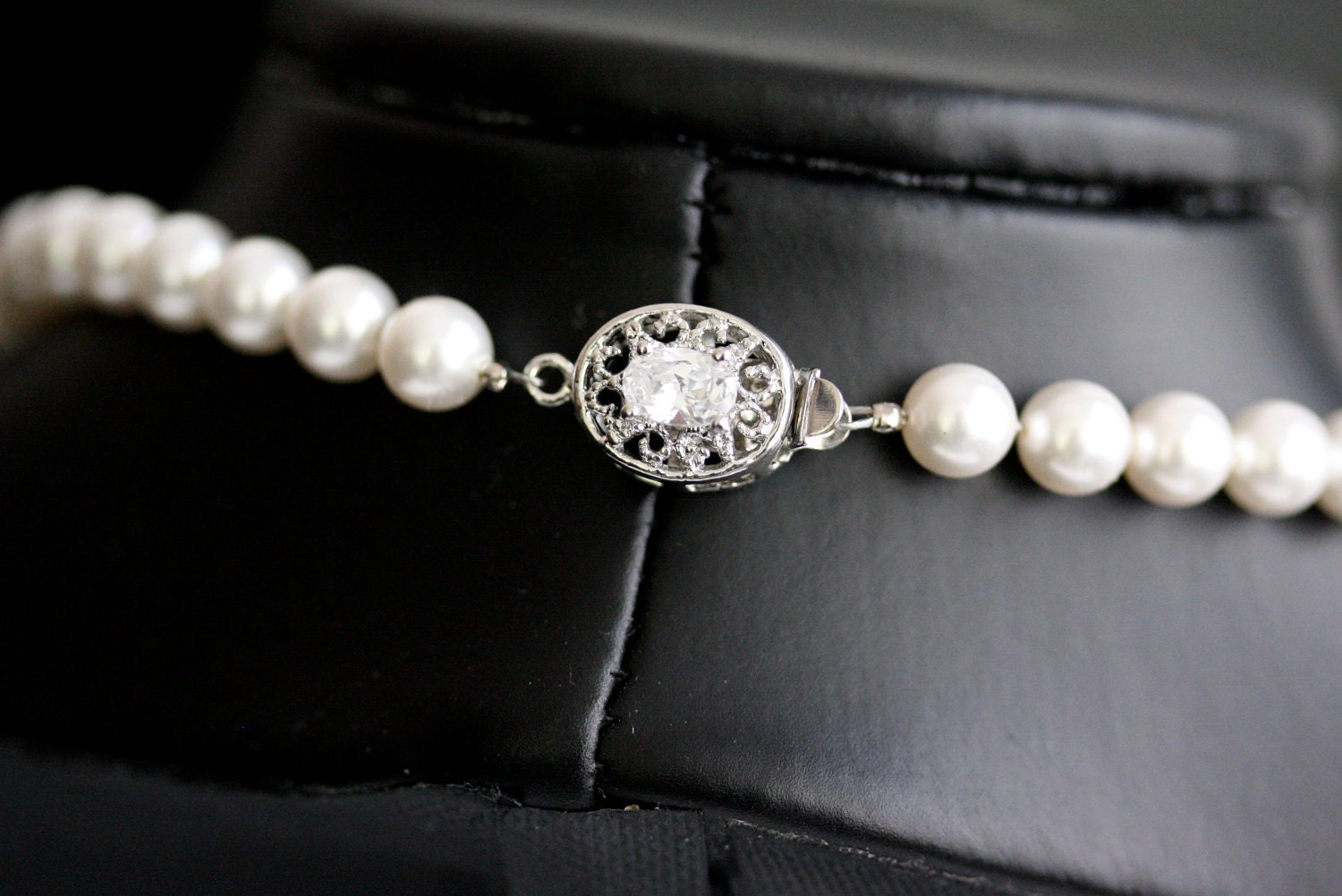 Wedding Necklace, White Pearl necklace, Vintage rhinestone flowers, Swarovski Wedding Jewelry, Sabine Classic