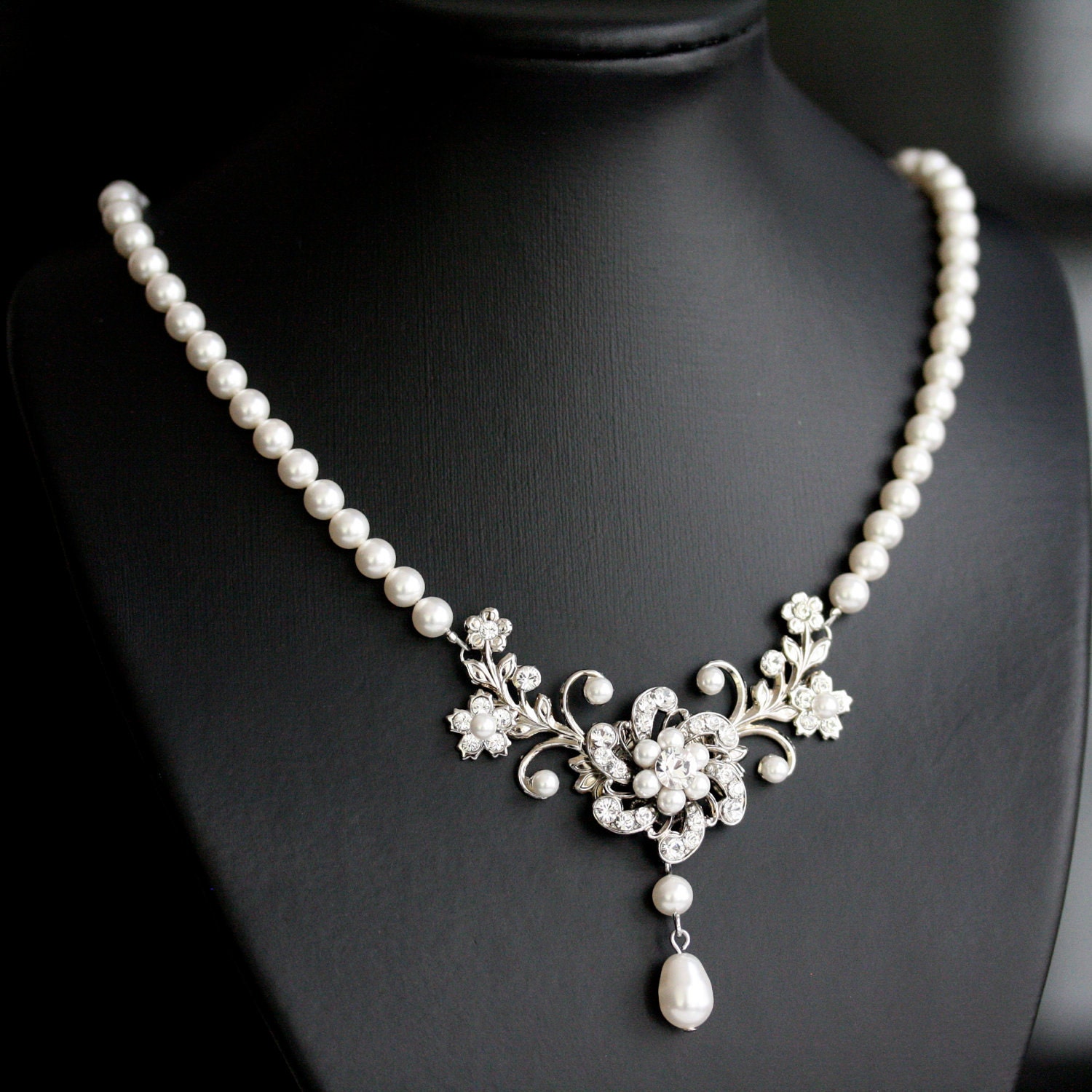 Wedding Necklace, White Pearl necklace, Vintage rhinestone flowers, Swarovski Wedding Jewelry, Sabine Classic