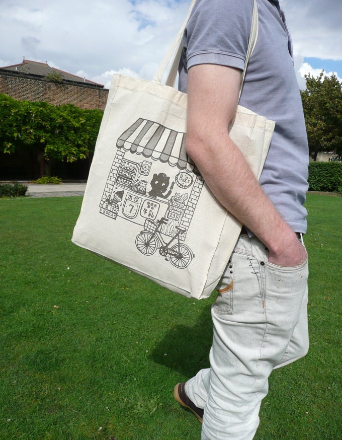 Retro candy shop- Hand printed large tote bag