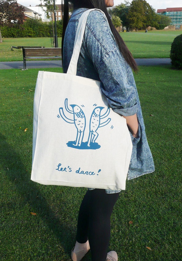 Let's dance- Hand printed large tote bag