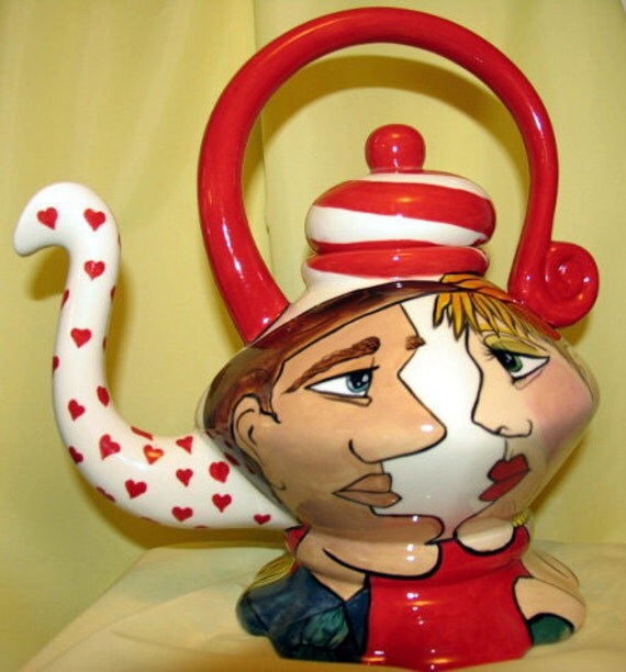 Handcrafted Whimsical Faces Functional Pottery Teapot on Etsy Passion Red Hearts Motif