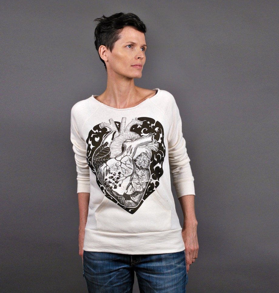 SALE Cream Sweatshirt Anatomical Heart Printed Shirt Soft Eco Fleece Sweatshirt
