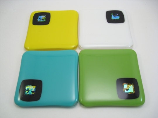 Dichroic Fused Glass Coaster Set - Green, Turquoise, Yellow, White