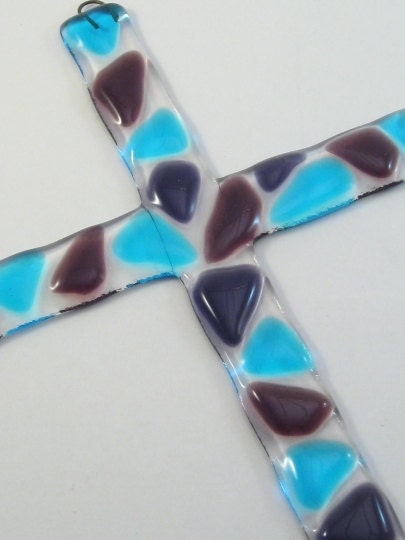 Fused Glass Wall Cross - Turquoise Plum Mosaic