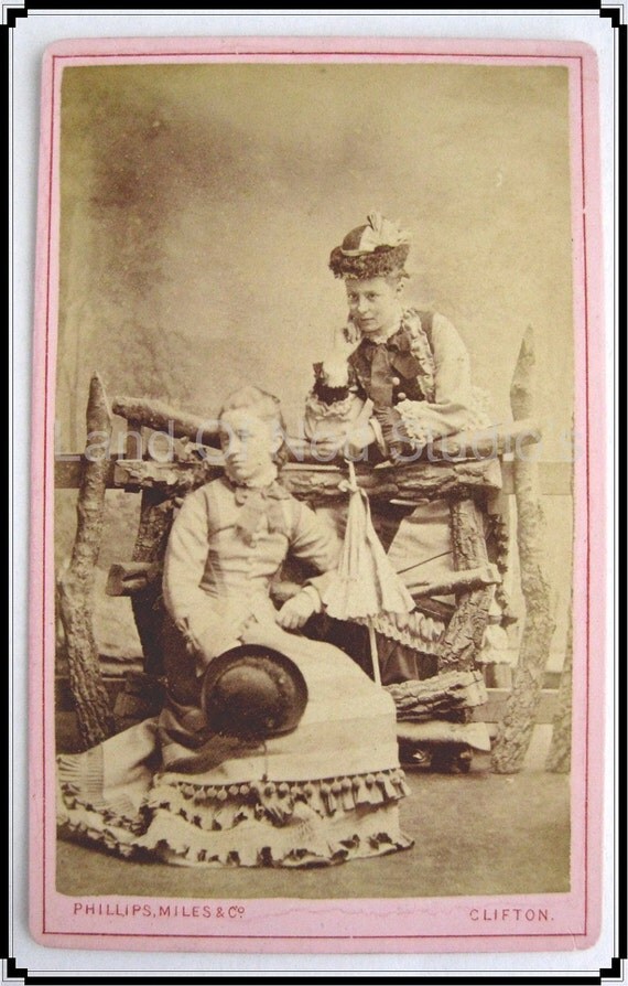 Original Antique CDv 1860s to 1880s PATEIRA and LIVIA sisters in amazing dresses and hats