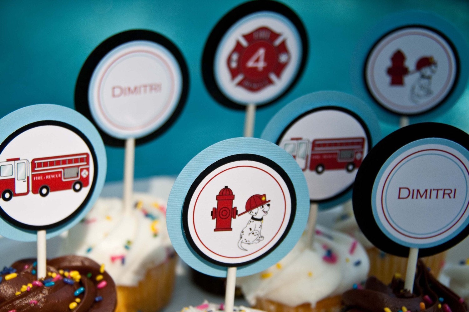 Firetruck Birthday Party Cupcake Toppers: Sound the Alarm Firetruck Set of 12 by Belleza e Luce Il_570xn