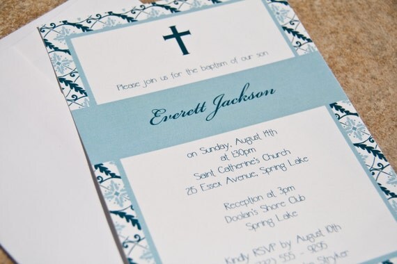Christening Communion Baptism Cross Floral Vine Blue Party Invitation set of 10 by Belleza e Luce Il_570xn