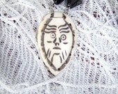 Necklace Carved Bone Mask Pendant with Black and Grey Glass Beads Vintage Components Savagely Sophisticated