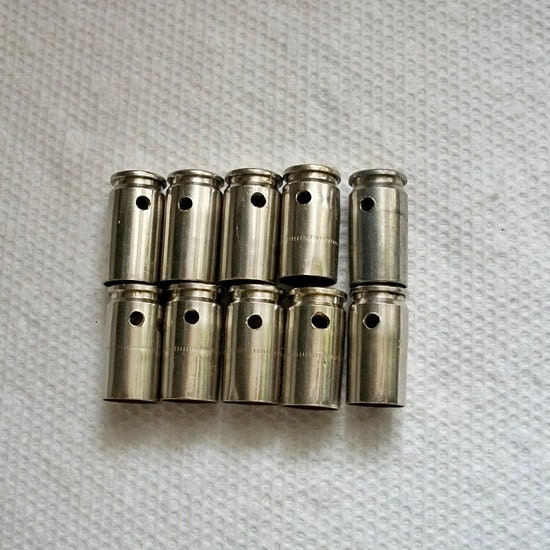 Bullet shell casing pendants, Lot of 10 Nickel silver 9mm Bullet Shell Casings, Pre-drilled for your jewelry needs.....Lot 14