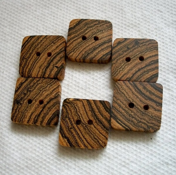Wood or wooden Lot of 6 Square Exotic Bocote Handcrafted Wooden Buttons....1 inch....2 holes....68